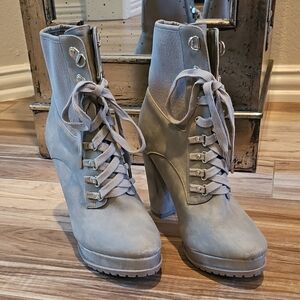 Gray Lace-Up Heeled Boots